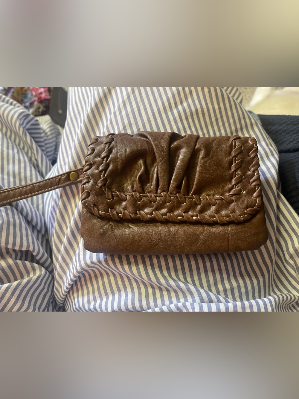 Brown Leather Wristlet Clutch with Braided Trim